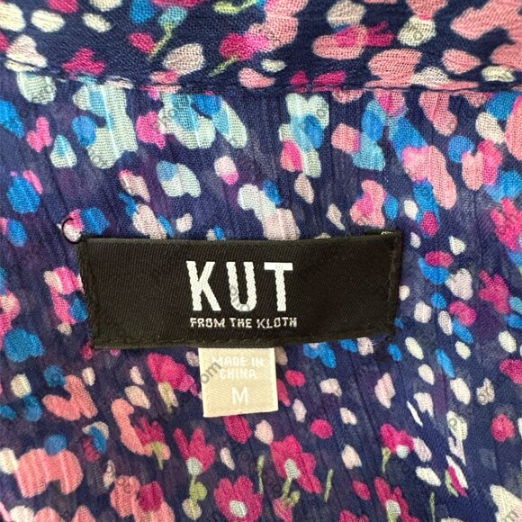 Kut from the Kloth Blue & Pink Medium Floral 3/4 Rolltab Sleeve Sheer Blouse - Picture 5 of 6